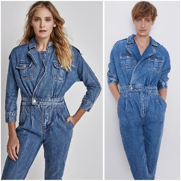 ZARA Faded Blue 80’s Arizona Blue Denim Jumpsuit Size M Trendy Versatile Festive - Picture 1 of 15